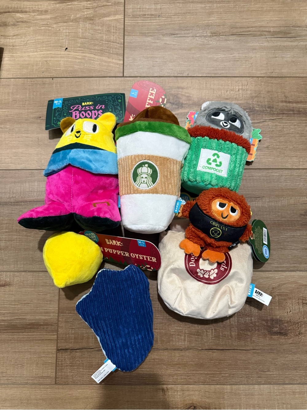 NWT BARK Plush Dog Toy Bundle – Pink, Yellow, Green, Blue, White, Brown